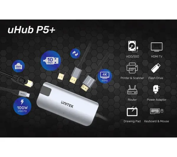 Unitek D1028A, USB-C, 2x USB-A, HDMI, RJ45, PD 100W