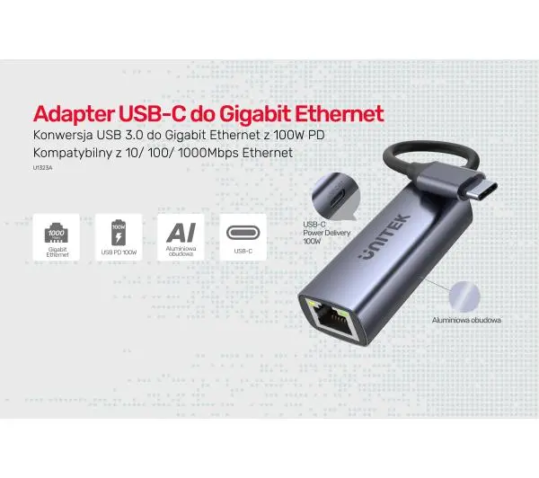 Unitek U1323A -  USB-C na RJ45 1000Mbps, PD 100W