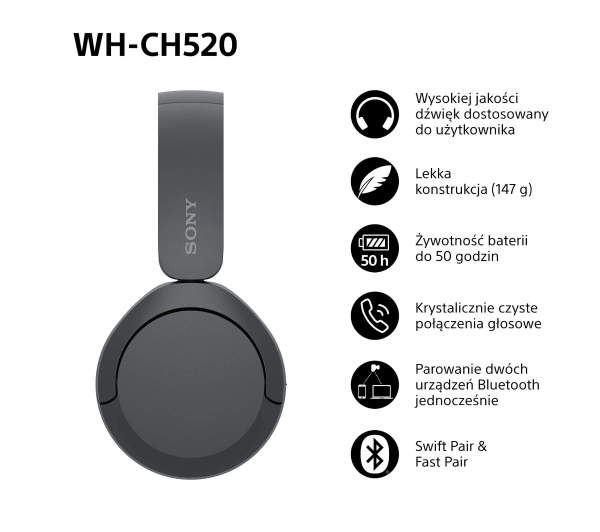 Sony WH-CH520 Nauszne Bluetooth 5.2 Czarny - ⚡ BESTSELLERY ⚡