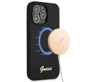 Guess Silicone Script Gold Logo MagSafe GUHMP13XLSLMGBK do iPhone 13 Pro Max