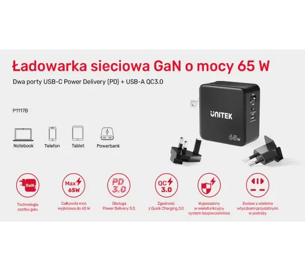 Unitek GaN PD 65W 2xUSB-C 1xUSB-A