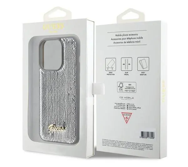 Guess Sequin Script Metal GUHCP15LPSFDGSS do iPhone 15 Pro Srebrny
