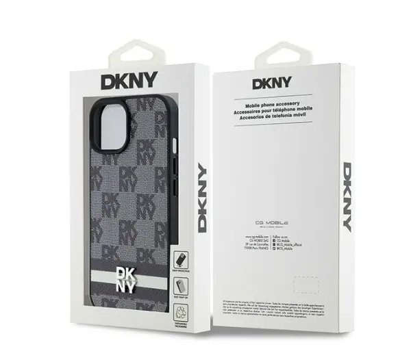 DKNY Leather Checkered Mono Pattern & Printed Stripes do iPhone 14 Czarny