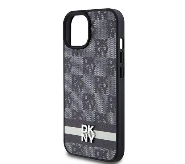 DKNY Leather Checkered Mono Pattern & Printed Stripes do iPhone 14 Czarny