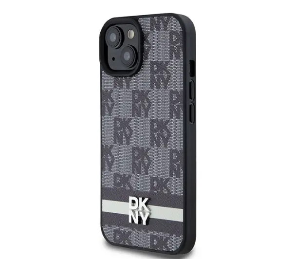 DKNY Leather Checkered Mono Pattern & Printed Stripes do iPhone 14 Czarny