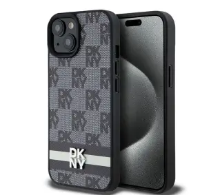 DKNY Leather Checkered Mono Pattern & Printed Stripes do iPhone 14 Czarny