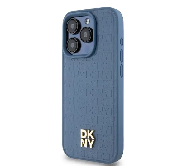 DKNY Hardcase Leather Monogram Pattern Metal Logo MagSafe DKHMP15LPSHRPSB do iPhone 15 Pro Niebieski
