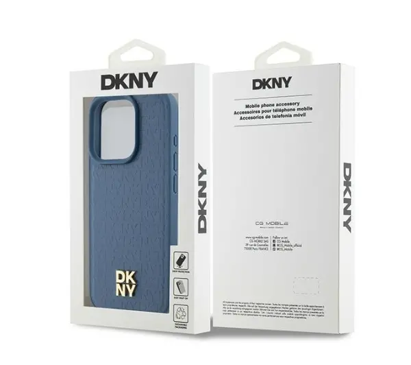 DKNY Hardcase Leather Monogram Pattern Metal Logo MagSafe DKHMP15LPSHRPSB do iPhone 15 Pro Niebieski