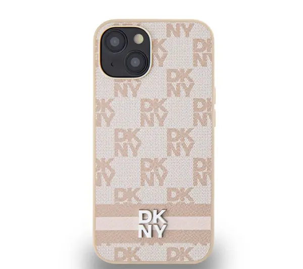 DKNY Leather Checkered Mono Pattern & Printed Stripes do iPhone 15 Różowy