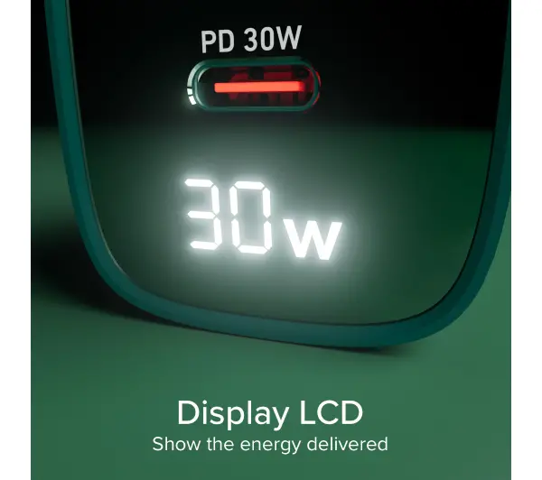 SBS LCD GaN PD30W USB-C USB-A Zielony