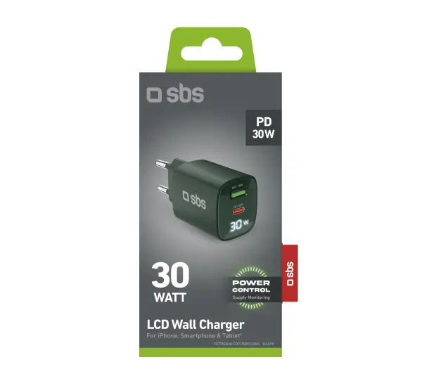 SBS LCD GaN PD30W USB-C USB-A Zielony