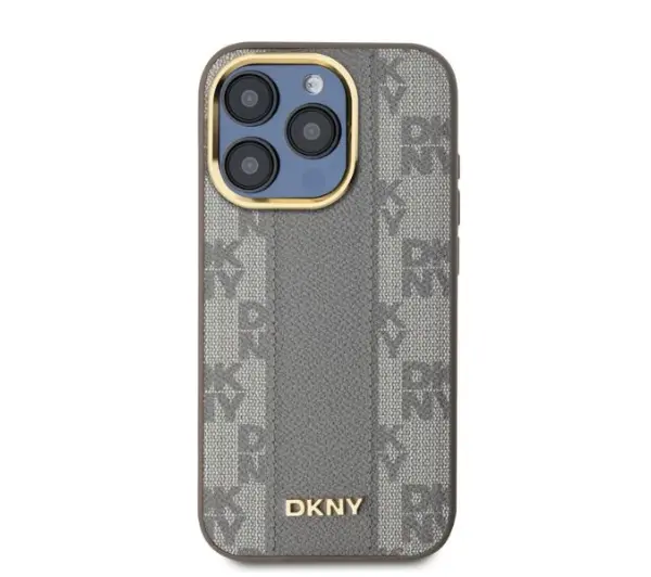 DKNY Leather Checkered Mono Pattern MagSafe do iPhone 15 Pro Beżowy