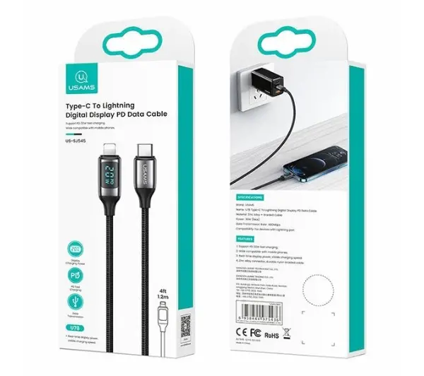 USAMS USB-C do Lightning LED 20W PD Fast Charge 1,2 Biały