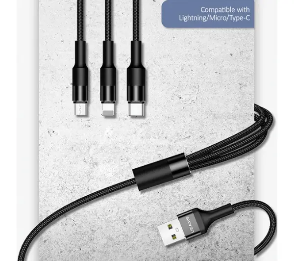 USAMS 3w1 2A lightning/microUSB/USB-C 1,5m Czarny