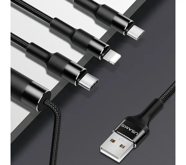 USAMS 3w1 2A lightning/microUSB/USB-C 1,5m Czarny