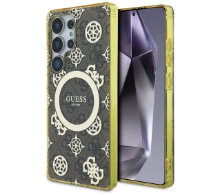 Guess 4G Background Gold Electroplated Peony Pattern MagSafe do Galaxy S25 Ultra Brązowy