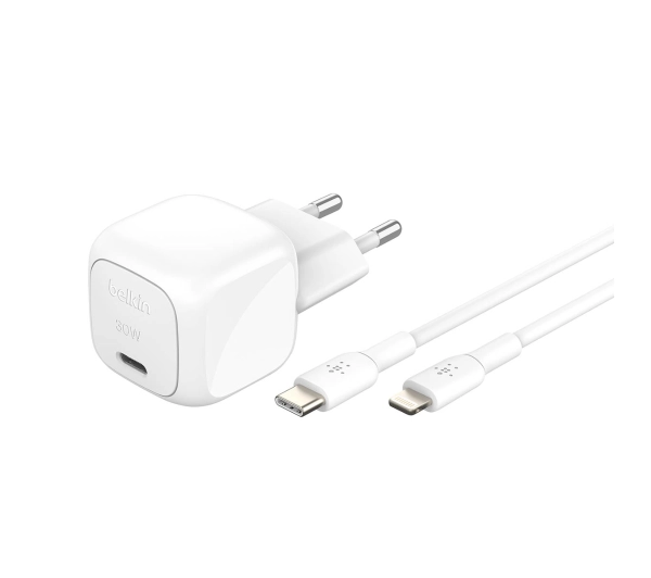 Belkin Ładowarka USB-C PD 30W, mała, biała + kabel Lightning