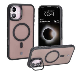 Bizon Eclipse z MagSafe i podstawką do iPhone 16 Plus  Przydymione z czarną ramką