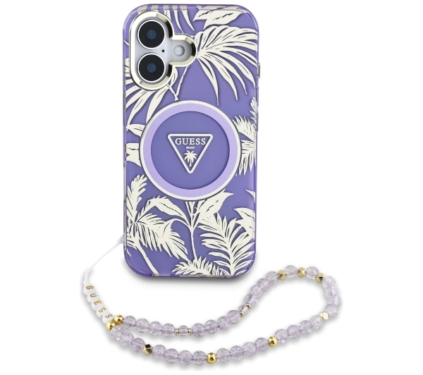 Guess Palm Trees Triangle Pearl Strap MagSafe do iPhone 16 Fioletowy