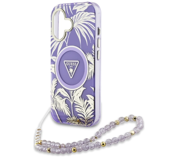 Guess Palm Trees Triangle Pearl Strap MagSafe do iPhone 16 Fioletowy