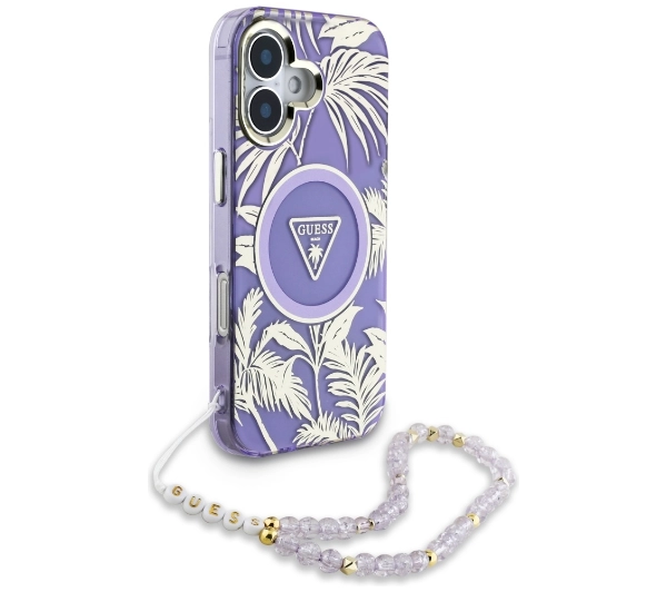 Guess Palm Trees Triangle Pearl Strap MagSafe do iPhone 16 Fioletowy