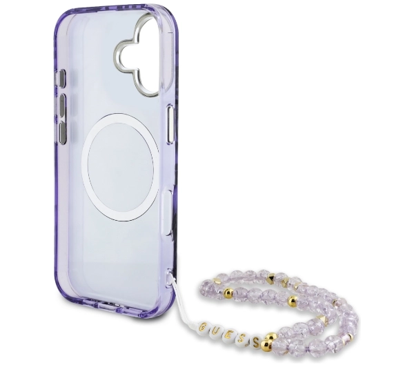 Guess Palm Trees Triangle Pearl Strap MagSafe do iPhone 16 Fioletowy