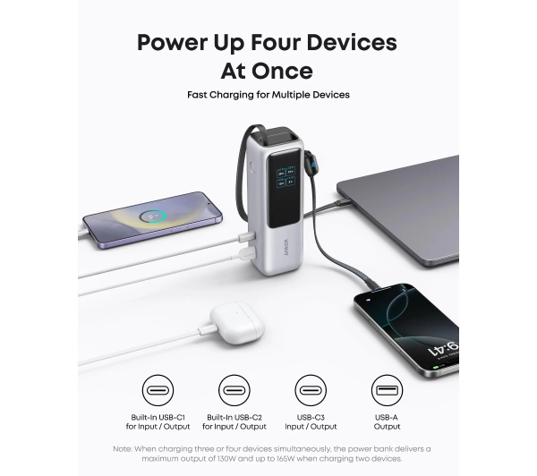 Anker Ultra-Fast (A1695H41) 25000mAh 165W Wbudowany kabel USB-C Srebrny - Kup na Raty - RRSO 0%