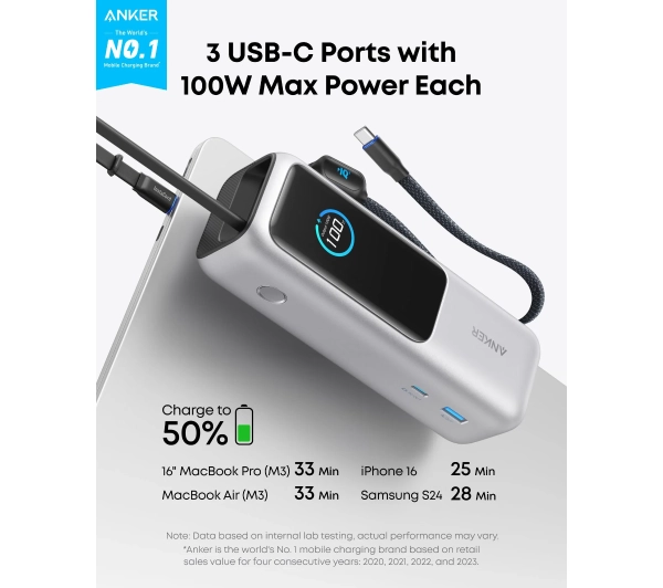 Anker Ultra-Fast (A1695H41) 25000mAh 165W Wbudowany kabel USB-C Srebrny - Kup na Raty - RRSO 0%