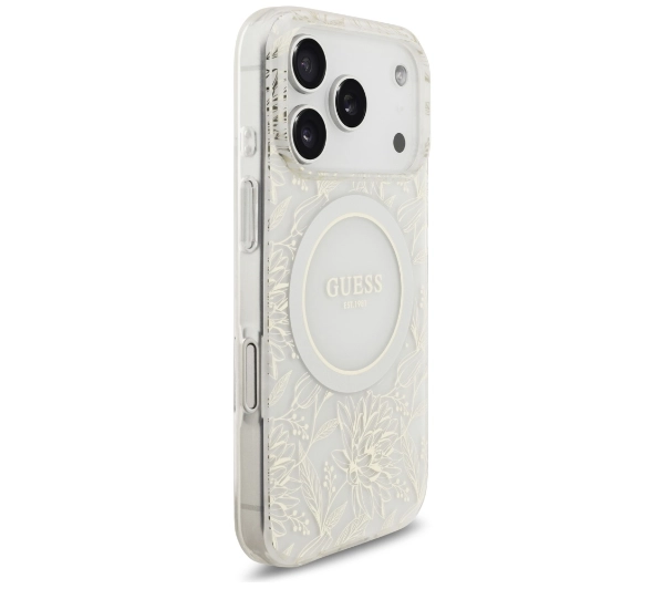 Guess IML Flowers Electro Pearl Strap MagSafe do iPhone 17 Pro biały