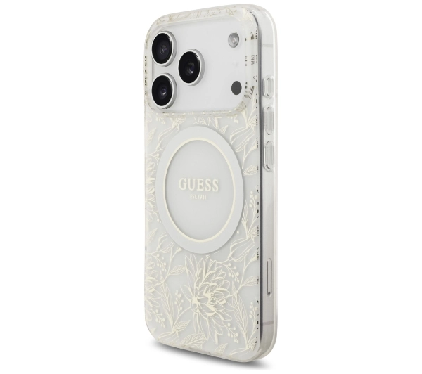 Guess IML Flowers Electro Pearl Strap MagSafe do iPhone 17 Pro biały