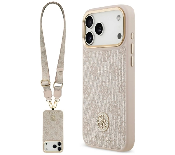Guess 4G Strass Logo & Big Strap Metal Buttons MagSafe do iPhone 17 Pro Max różowy