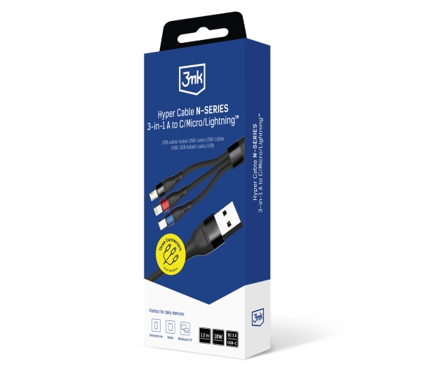 3mk Hyper Cable N-SERIES 3w1 A to C/Lightning/Micro 1,2m 9V/2A 18W Czarny