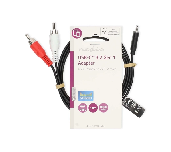 Nedis USB-C do 2x RCA 1m Czarny