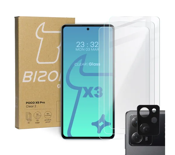 Bizon 3x Szkło hartowane + szybka na aparat Clear 2 Pack do Xiaomi Poco X5 Pro