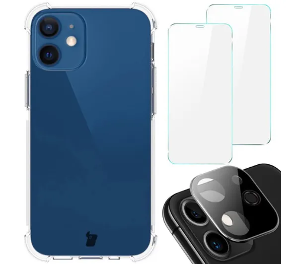 Bizon elastyczne etui + 2x szkło hartowane + szkło na aparat Clear Pack do iPhone 12 Mini