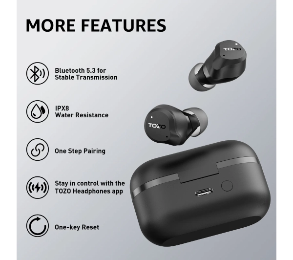 Tozo AeroSound Dokanałowe Bluetooth 5.3 Czarny