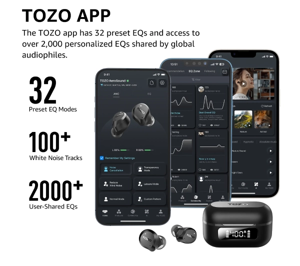 Tozo AeroSound Dokanałowe Bluetooth 5.3 Czarny