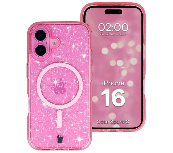 Bizon Case SparklO do iPhone 16 Przezroczysto-Różowe Z Brokatem