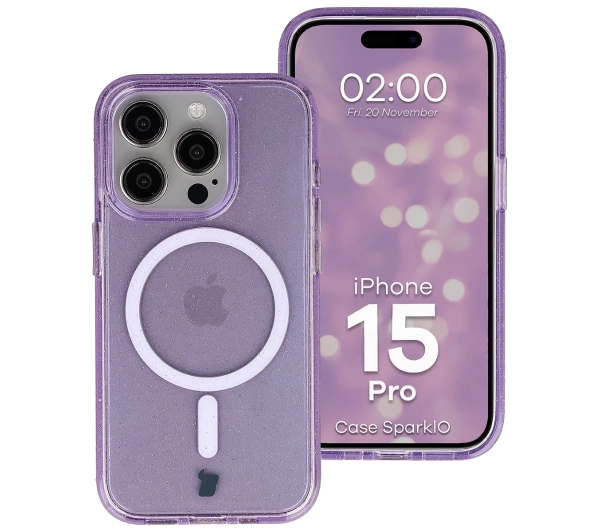 Bizon Case SparklO do iPhone 15 Pro Przezroczysto-Fioletowe Z Brokatem