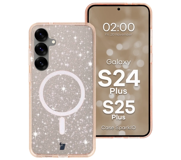 Bizon Case SparklO do Galaxy S25 Plus / S24 Plus Przezroczysto-Jasnopomarańczowe Z Brokatem