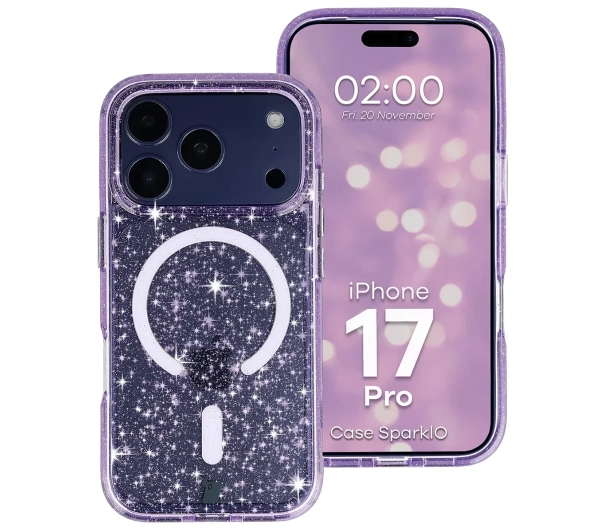 Bizon Case SparklO do iPhone 17 Pro Przezroczysto-Fioletowe Z Brokatem
