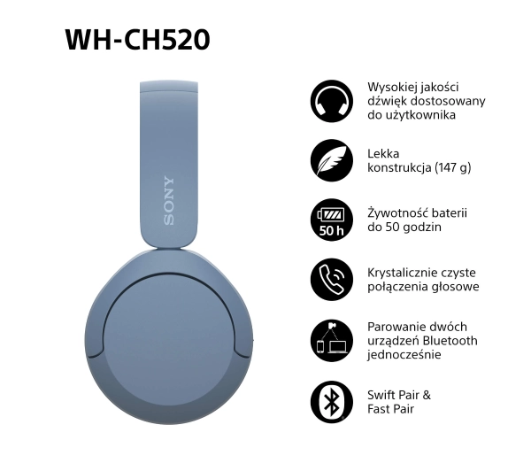Sony WH-CH520 Nauszne Bluetooth 5.2 Niebieski - ⚡ BESTSELLERY ⚡