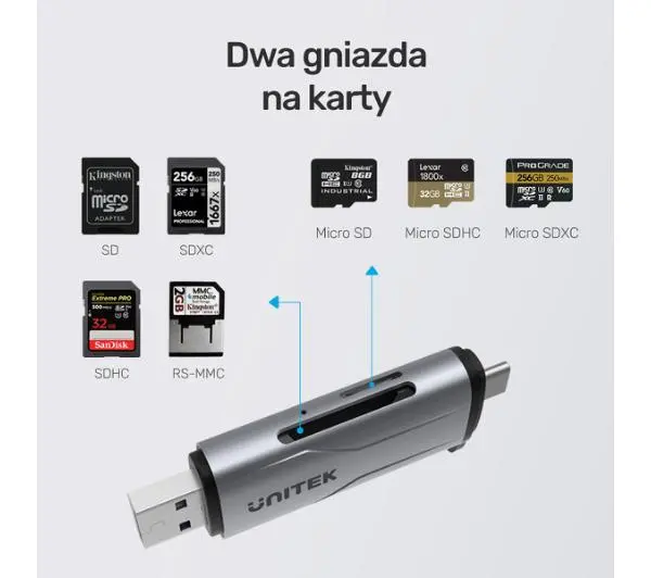 Unitek SD/microSD USB-A 5Gbps/USB-C Szary