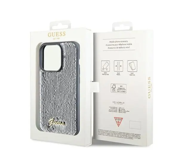 Guess Sequin Script Metal GUHCP14LPSFDGSS do iPhone 14 Pro Srebrny