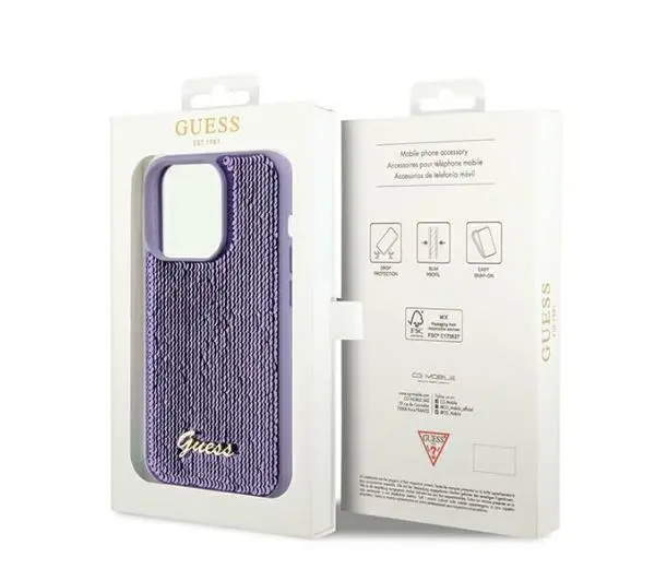 Guess Sequin Script Metal GUHCP14LPSFDGSU do iPhone 14 Pro Fioletowy