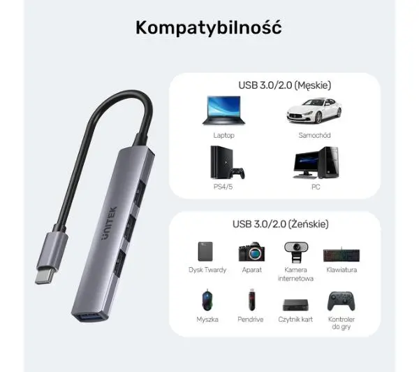 Unitek H1208B USB-C 1xUSB-A 5 Gbps, 3xUSB-A 2.0 Szary