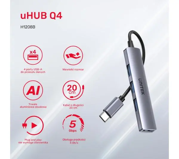 Unitek H1208B USB-C 1xUSB-A 5 Gbps, 3xUSB-A 2.0 Szary