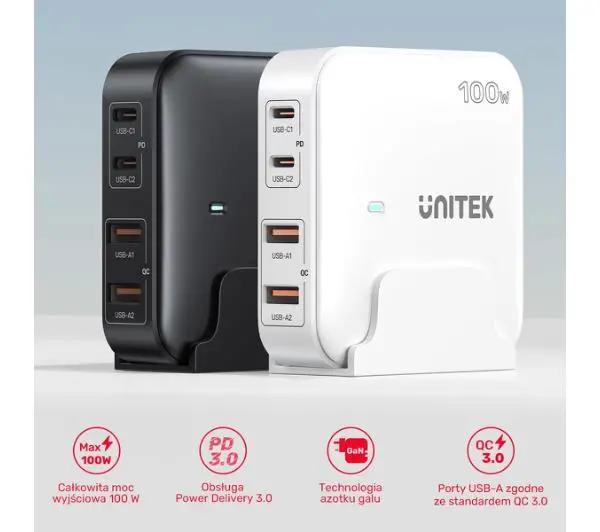 Unitek GaN 100W 2xUSB-A+2xUSB-C Czarny