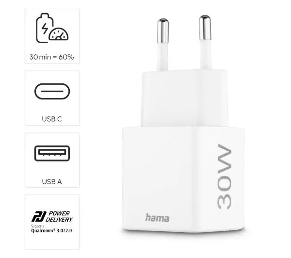 Hama mini 30W PD/QC Biały - ⚡ EURO HIT CENOWY! ⚡
