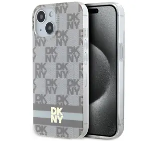 DKNY IML Checkered Mono Pattern & Printed Stripes MagSafe do iPhone 14 Beżowy